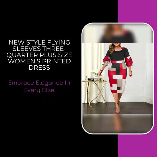 New Style Flying Sleeves Three-quarter Plus Size Women's Printed Dress by@Outfy