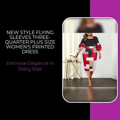 New Style Flying Sleeves Three-quarter Plus Size Women's Printed Dress by@Outfy