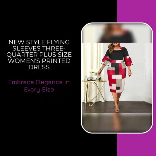 New Style Flying Sleeves Three-quarter Plus Size Women's Printed Dress by@Outfy