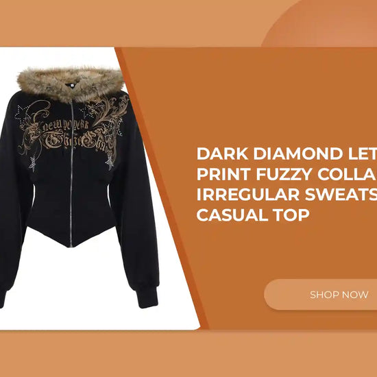 Dark Diamond Letter Print Fuzzy Collar Irregular Sweatshirt Casual Top by@Outfy