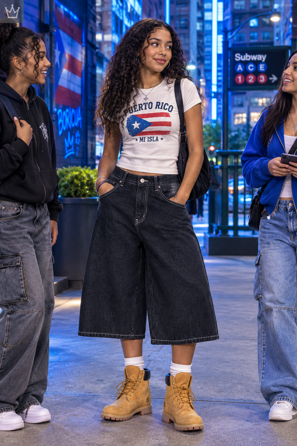 Puerto Rican American teen on sidewalk wearing Y2K denim shorts