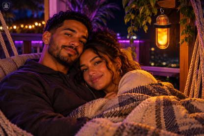 Puerto Rican couple cuddled on porch swing with lantern glow
