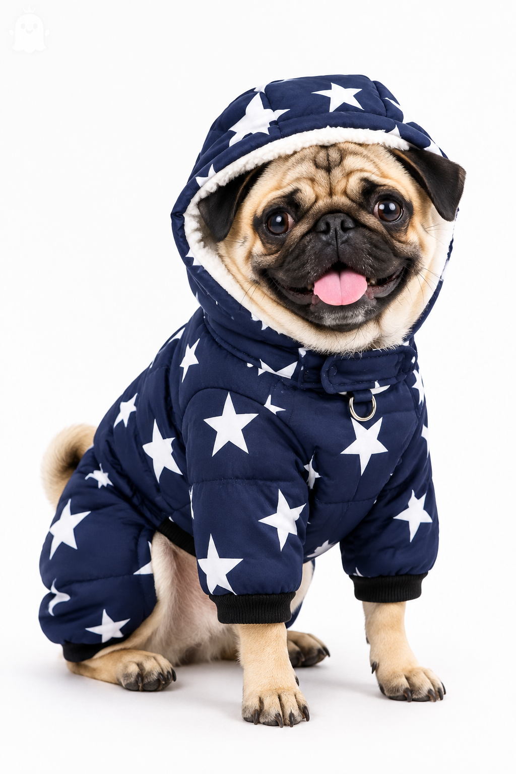 Pug looking like a tiny K9 in navy blue star coat