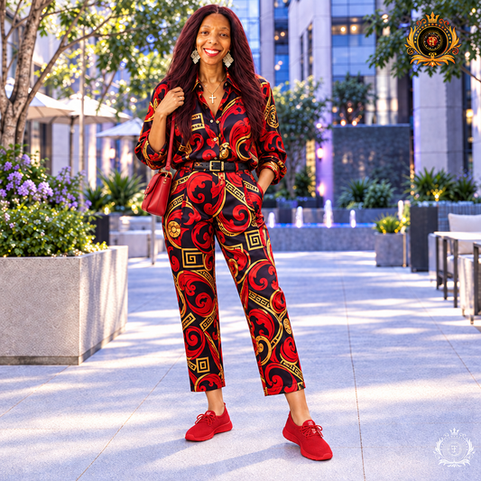 Red-black-gold all-over-print look with the shoes