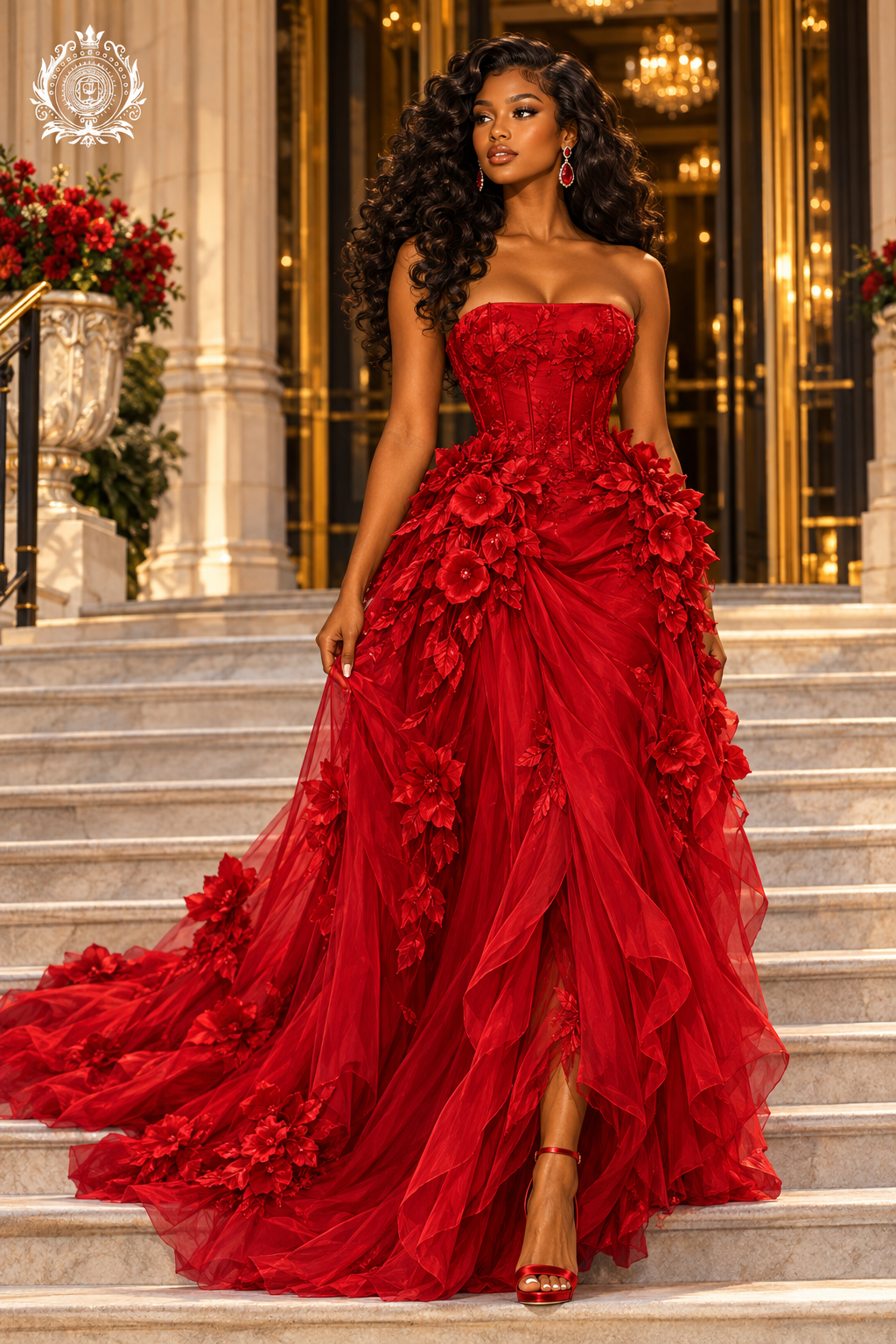 Women's Floral Tulle Gown | Strapless Bodice & Dimensional Flower Details | Prom & Formal Events