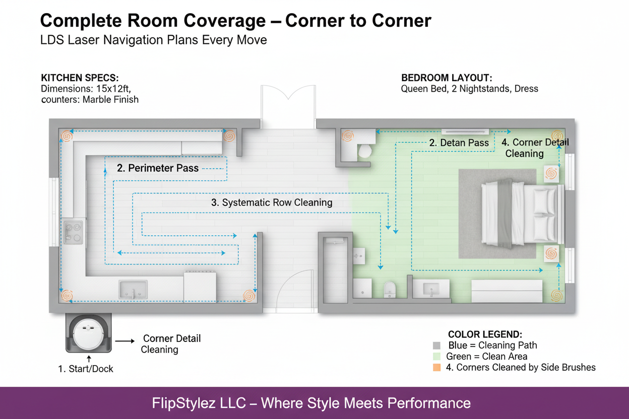 Robot Vacuum Kitchen & Bedroom Floor Plan Cleaning Path Map
