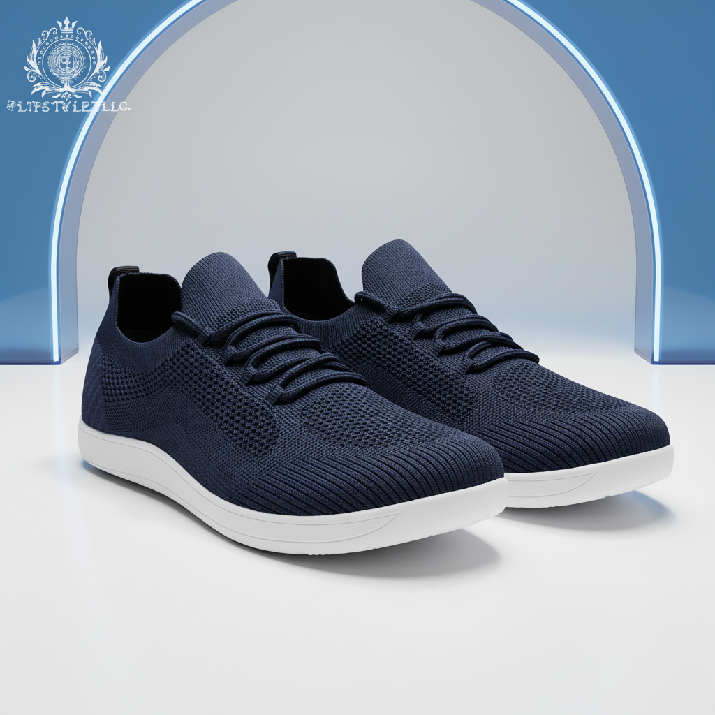 Royal-blue and black shoes in a futuristic commercial studio