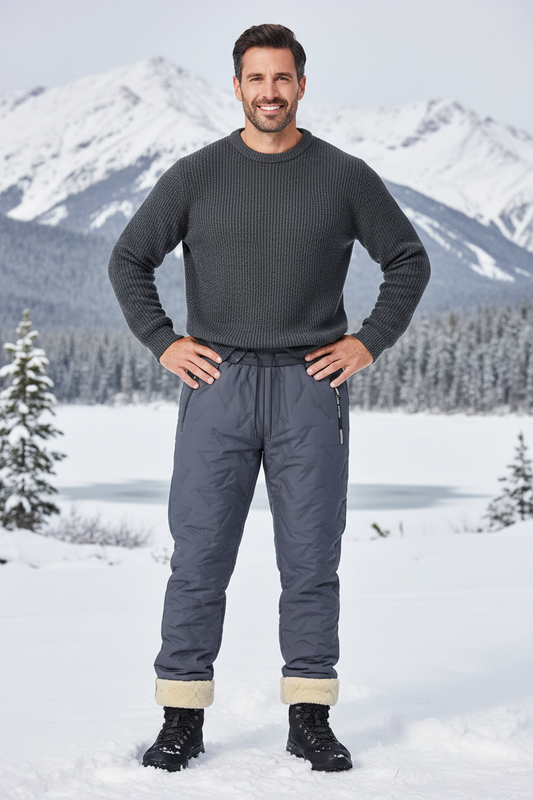 Rugged Man Wearing Grey Quilted Fleece Joggers Outdoors