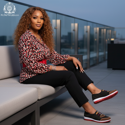Same model seated in a different coordinated outfit with the same shoes
