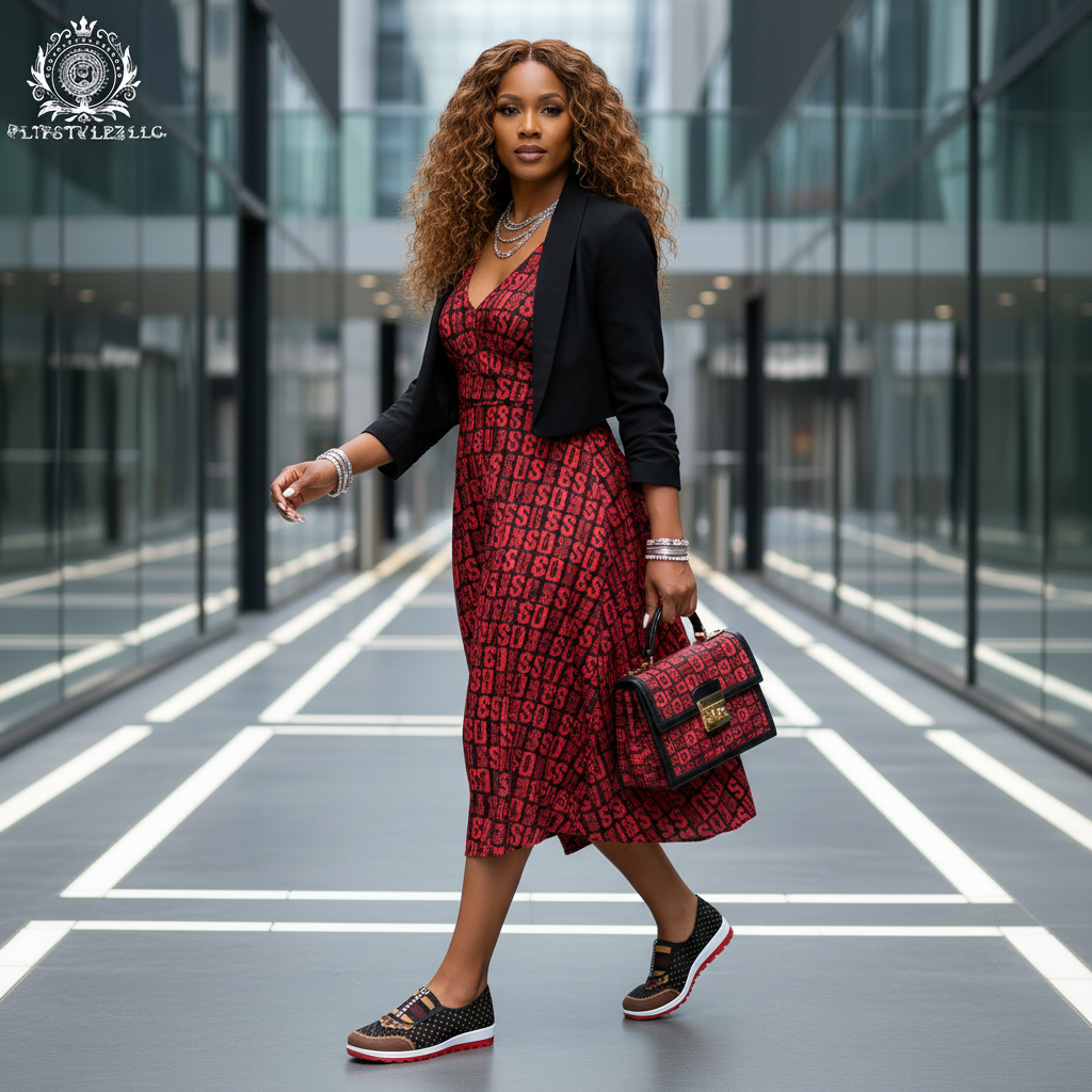 Same model walking in a coordinated red and black dress outfit