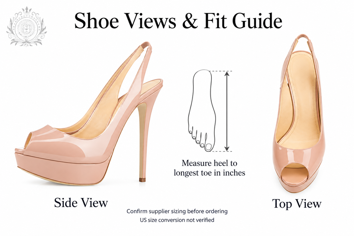 Shoe side and top views with inch-based measuring guide