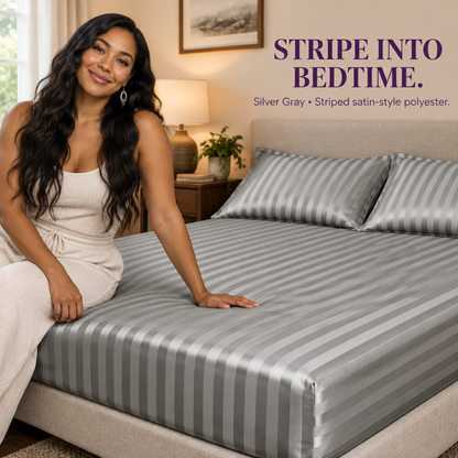 Silver-gray fitted-sheet ad with a Black American/Blackfoot model
