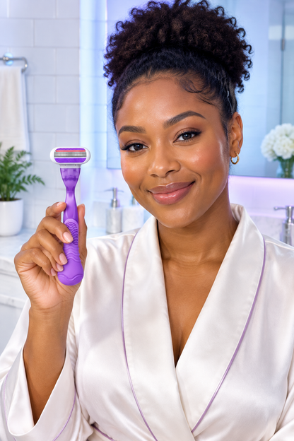 Single Black American woman in a bright white bathroom