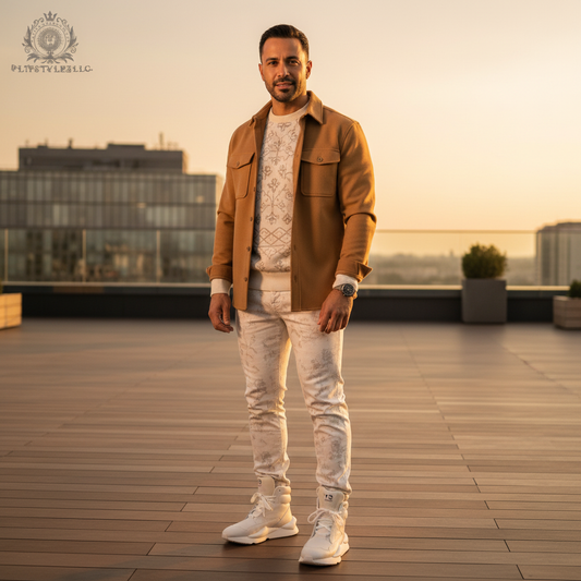 Single man wearing off-white cow-suede high-top shoes