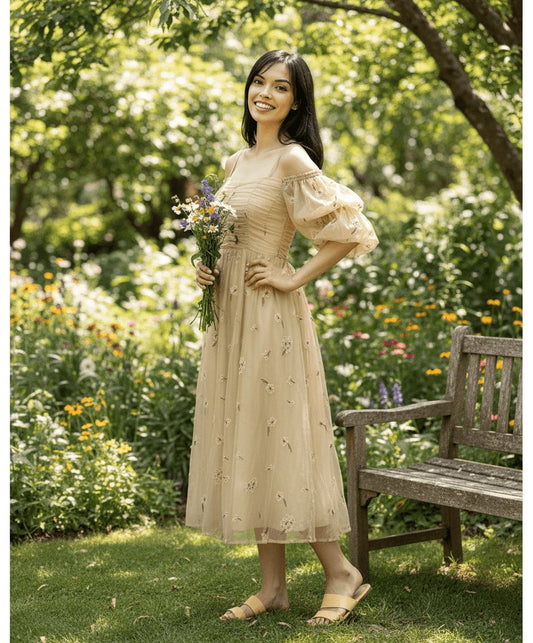 Beautiful New soft yellow Plus Size Autumn Loose Puff Sleeve Pleated Floral Long Sling Dress for Women