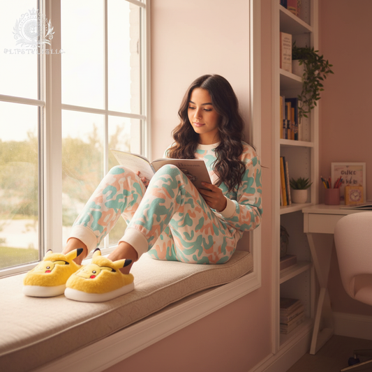 Teen girl wearing character slippers in a coordinated reading bedroom