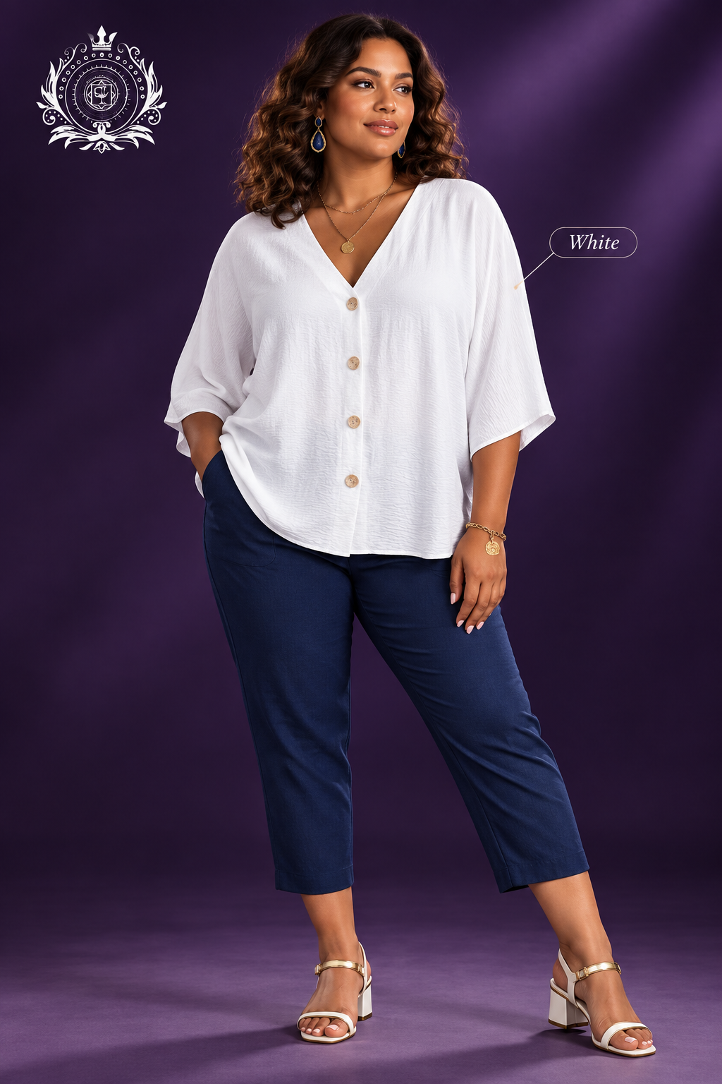 White blouse model with navy trousers