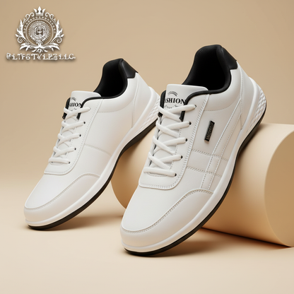 White leather shoes in an ivory and pale-gold commercial studio
