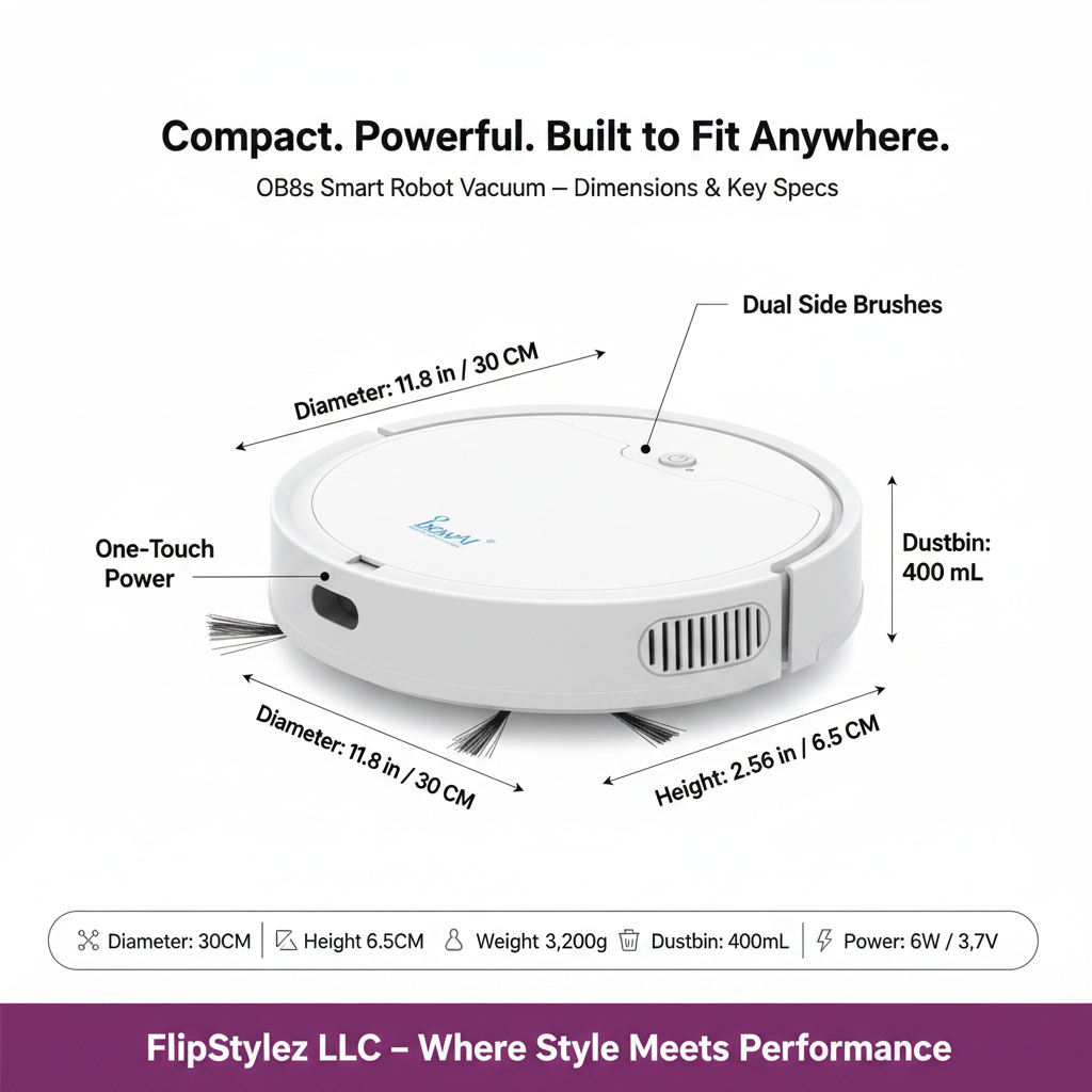 White OB8S Robot Vacuum Dimensions & Size Spec Infographic