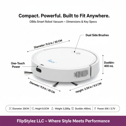 White OB8S Robot Vacuum Dimensions & Size Spec Infographic