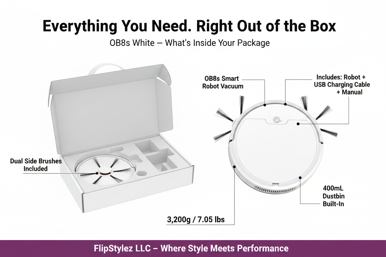 White OB8S Robot Vacuum Flat-Lay Package Contents Ad