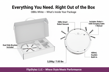 White OB8S Robot Vacuum Flat-Lay Package Contents Ad