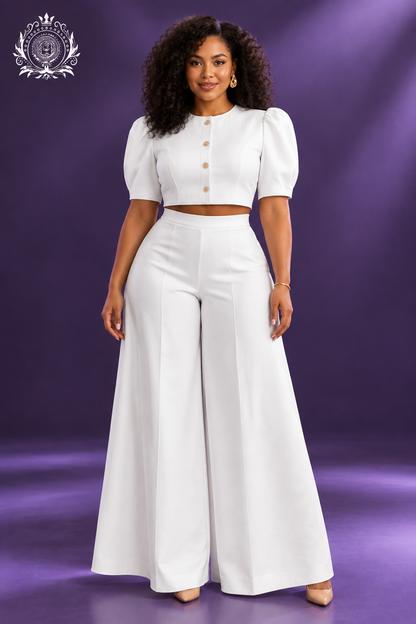 White puff-sleeve pants set model