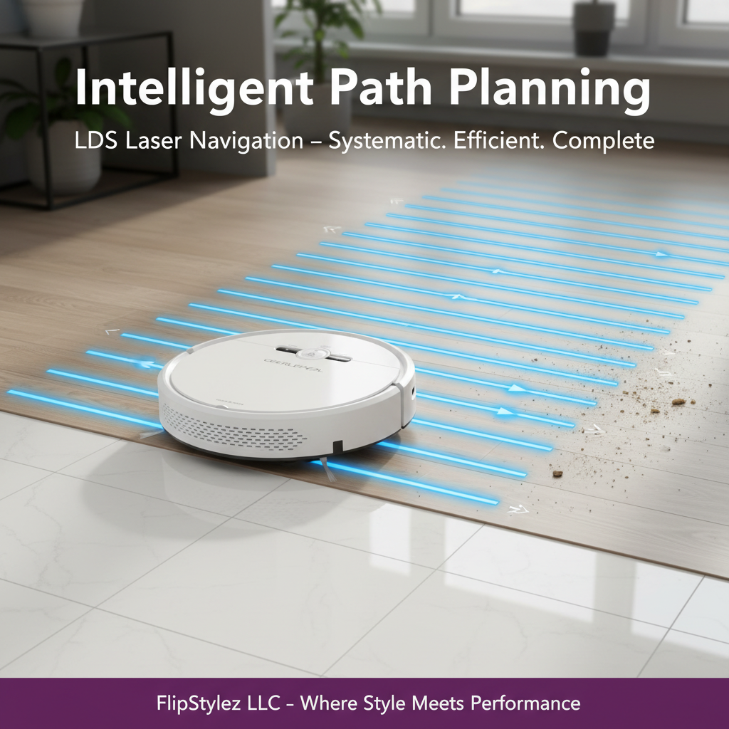 White Robot Vacuum Motion Path Sequence on Kitchen Floor