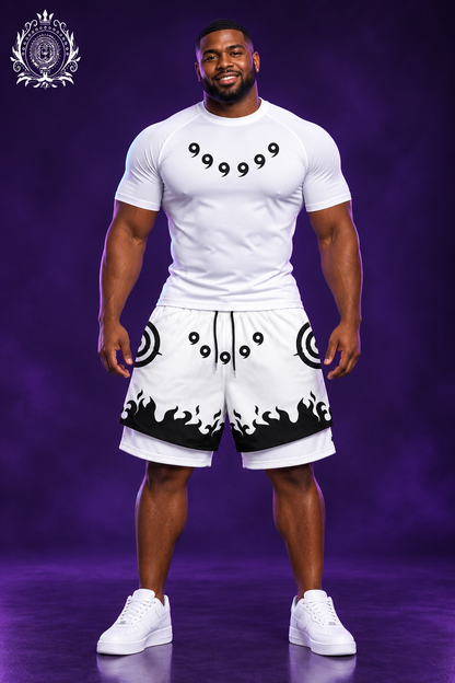 White shirt and white flame shorts model