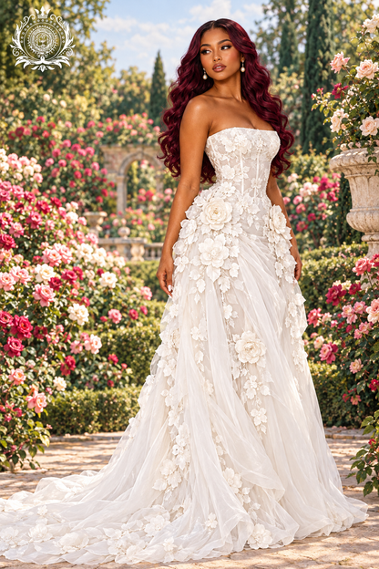 Women's Floral Tulle Gown | Strapless Bodice & Dimensional Flower Details | Prom & Formal Events