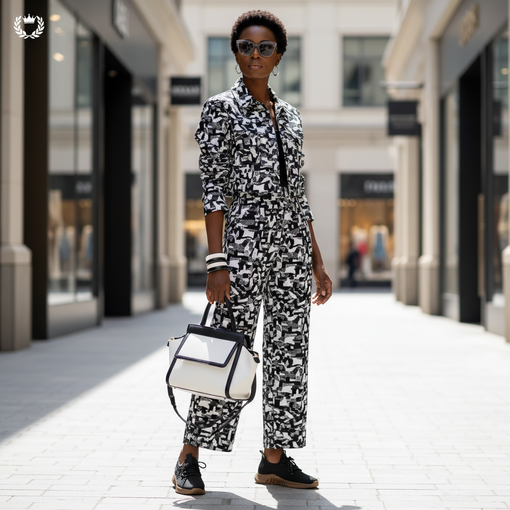 Woman in a black and white coordinated outfit