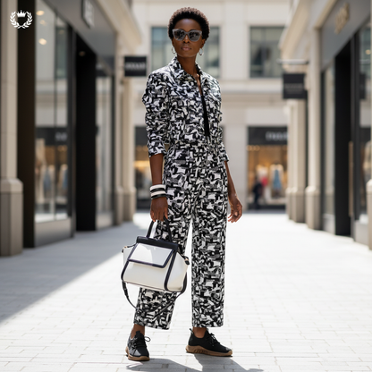 Woman in a black and white coordinated outfit