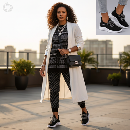 Woman in a black gray and white coordinated outfit
