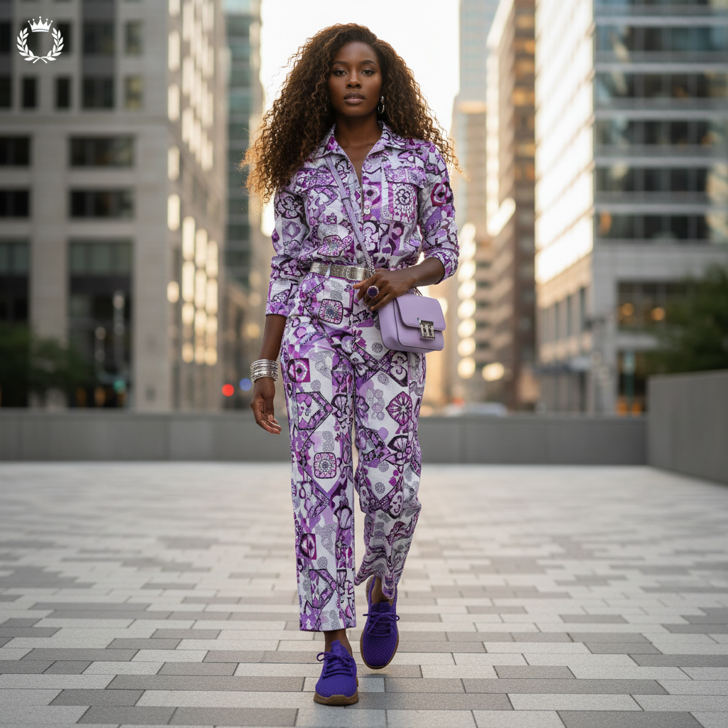 Woman in a purple coordinated outfit wearing purple sneakers