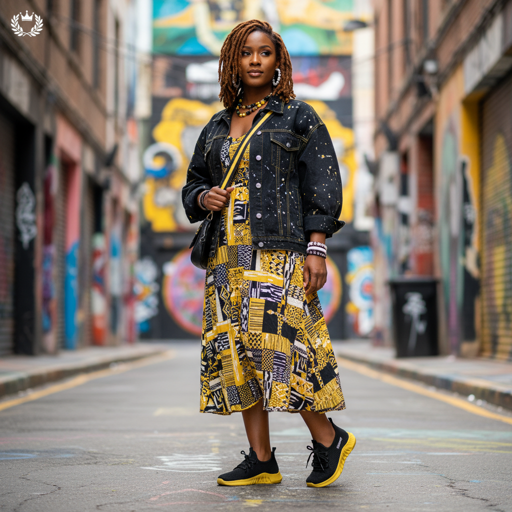 Woman in a yellow and black coordinated outfit