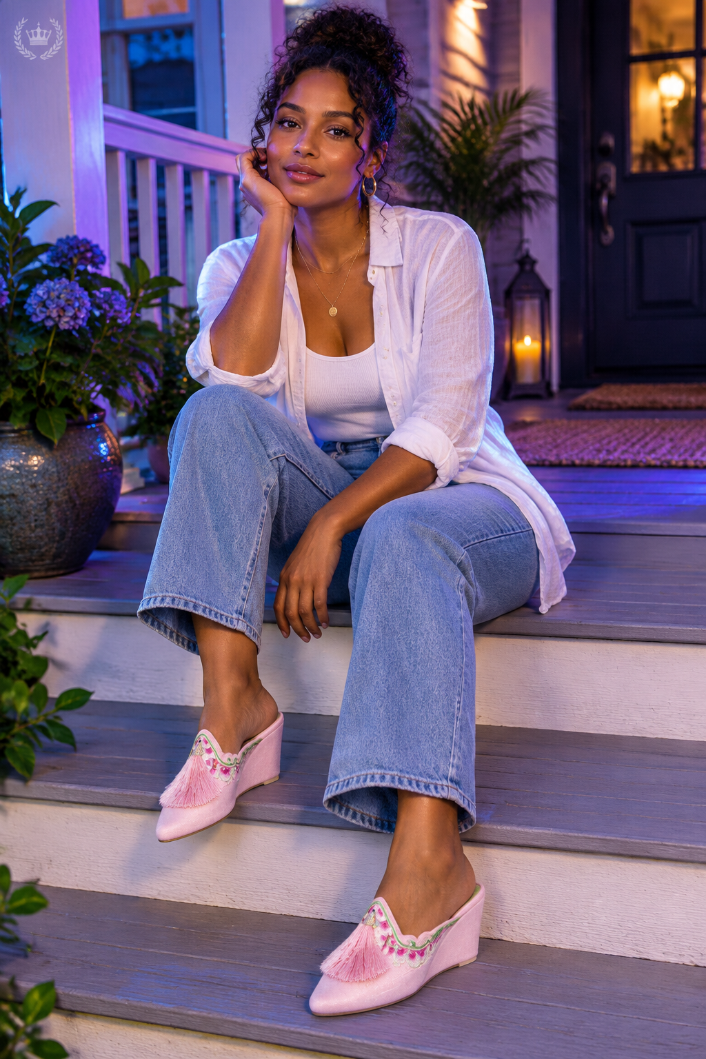 Woman on porch wearing colorway 2 slippers