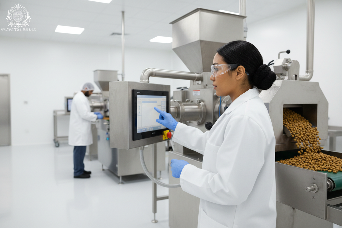 Woman Operating Pet Food Machine