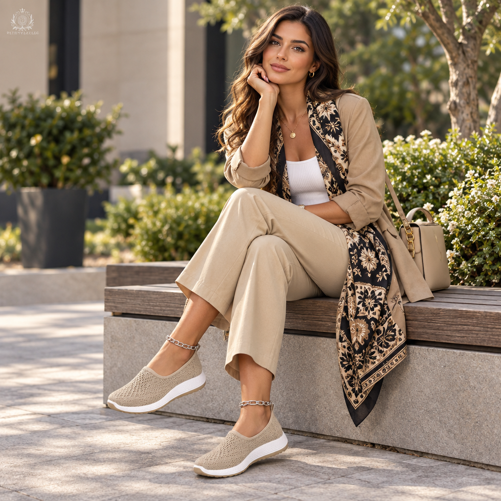 Woman wearing khaki flats in a seated editorial pose