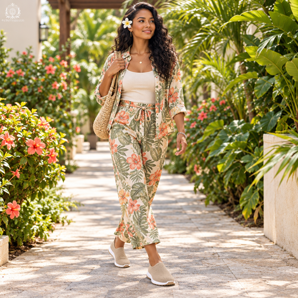 Woman wearing khaki flats on a botanical walkway