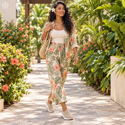 Woman wearing khaki flats on a botanical walkway
