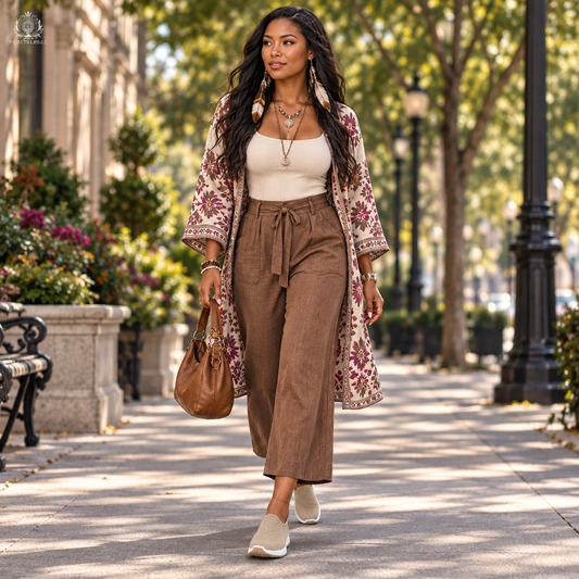 Woman wearing khaki flats on an upscale city promenade