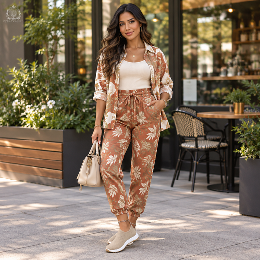 Woman wearing khaki flats outside a modern café