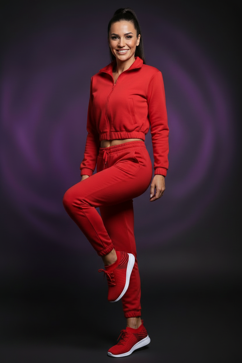 Women's Mesh Sneakers - Italian Model Red Jogger Suit Red Shoes Front Facing