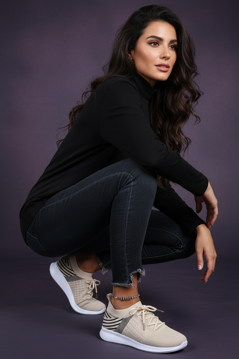Women's Mesh Sneakers - Italian Model Squatting Facing Right Beige