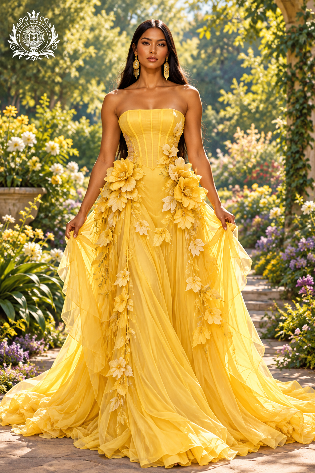 Women's Floral Tulle Gown | Strapless Bodice & Dimensional Flower Details | Prom & Formal Events