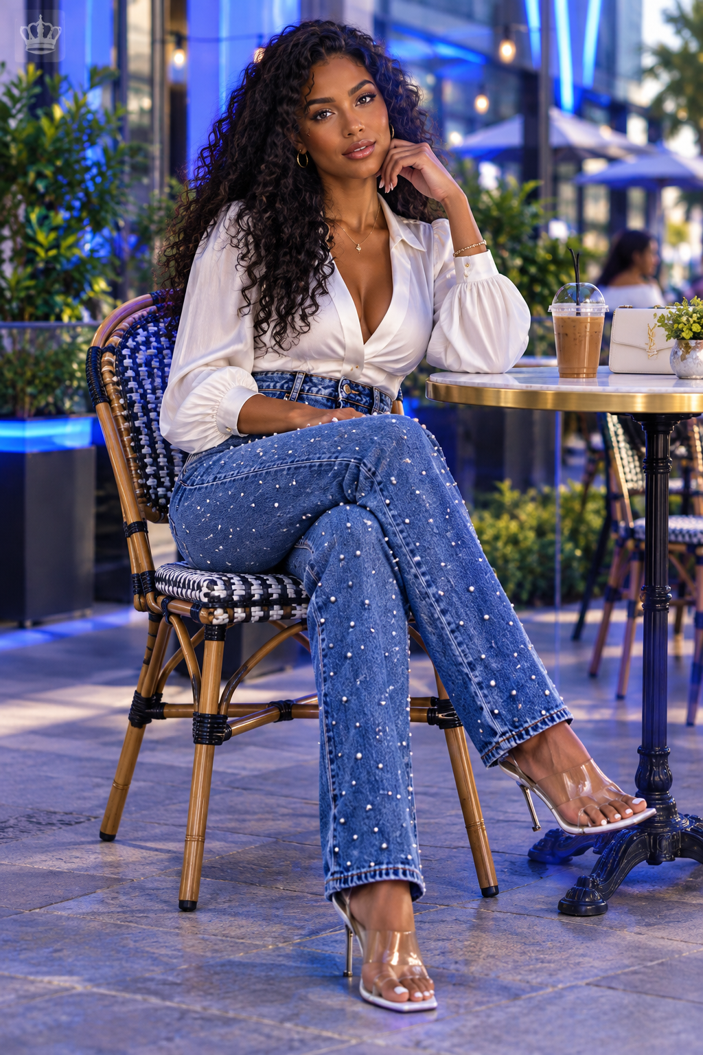 Young woman at cafe wearing beaded jeans