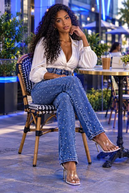 Young woman at cafe wearing beaded jeans