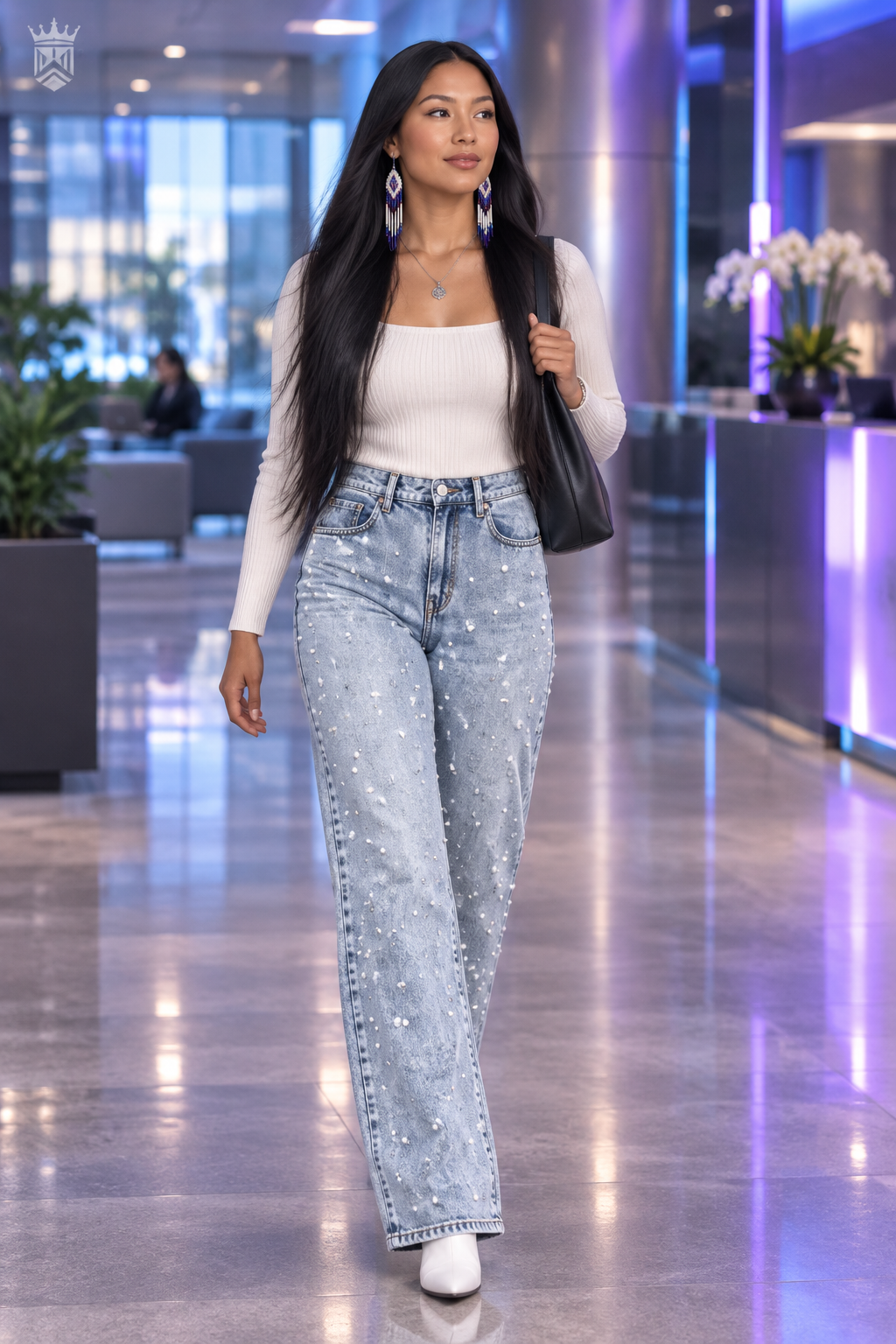 Young woman in office lobby wearing beaded jeans