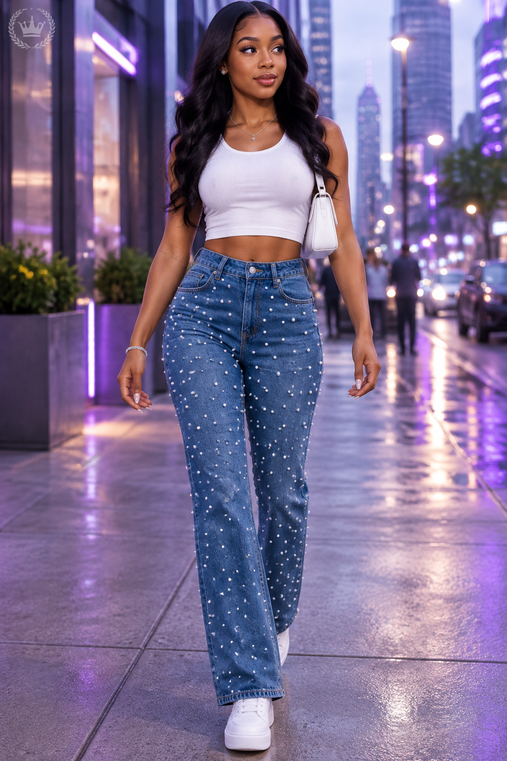 Young woman on city street wearing beaded jeans